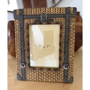 Vintage Faux Woven Wood‎ Basket w/ Buckle Picture Frame Grandpa Core Chic